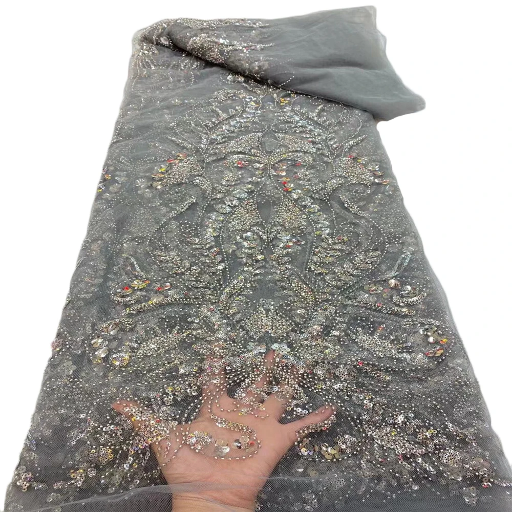 

Beads Sequins Embroidery African LaceTulle Mesh Fabric 2021 High Quality Nigerian Net Lace Fabrics For Women Party Wedding FB17
