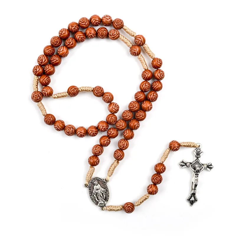 

Fashion Handmade Women Party Gift Religious Jewelry Plastic Bead Rose Shape Woven Catholic Rosary Necklace