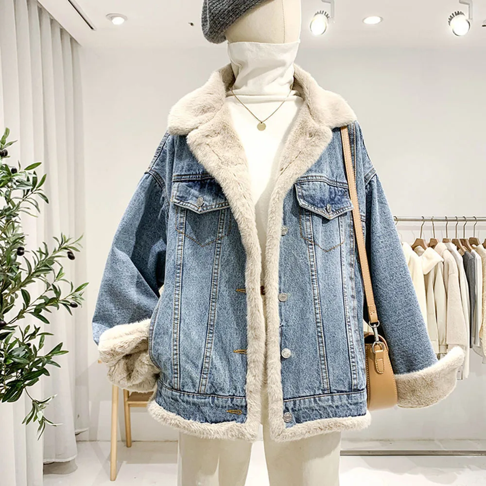 

Fall 2021 Loose Versatile Denim Jacket Female Oversiz Double-sided Wear Cowboy Jacket Plus Velvet Thick Winter Warm Female Parka