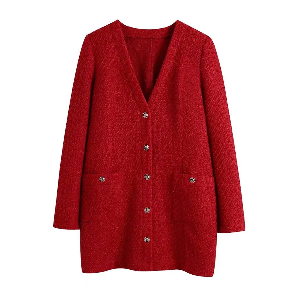 

xikom 2021 Autumn Women Tweed Red Elegant Vintage Casual Dress Female Office Lady V Neck Single-breasted Slim Mini Dresses