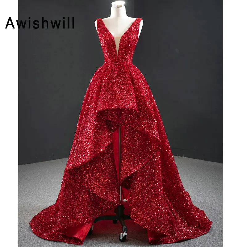 

New Arrival 2020 High Low Evening Dress Sequins V-neck Lace-up Back Dubai Bling Bling Party Formal Gowns Vestido Formatura