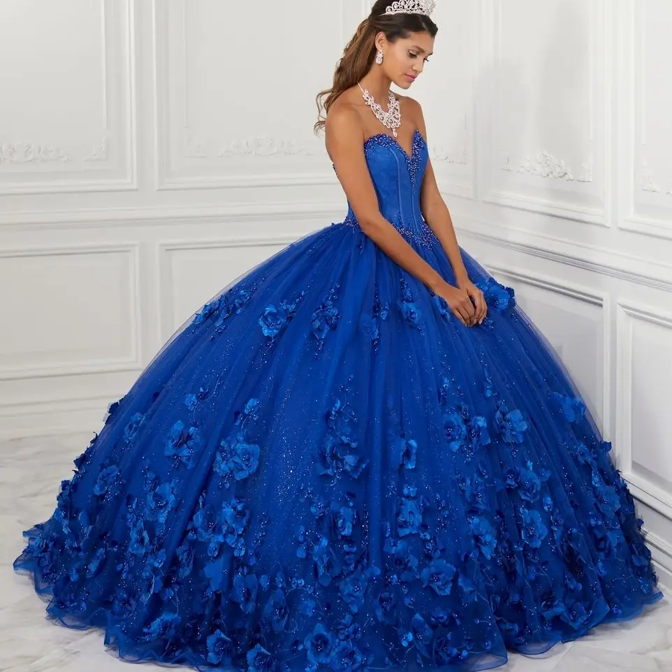 

Royal Blue Quinceanera Dresses Lace Up Back Sweetheart 3D Floral Appliques Princess Ball Prom Dress Sweet 15 Gowns Vestidos