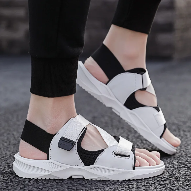 Мужские сандалии на толстой плоской подошве пляжные Нескользящие черные белые