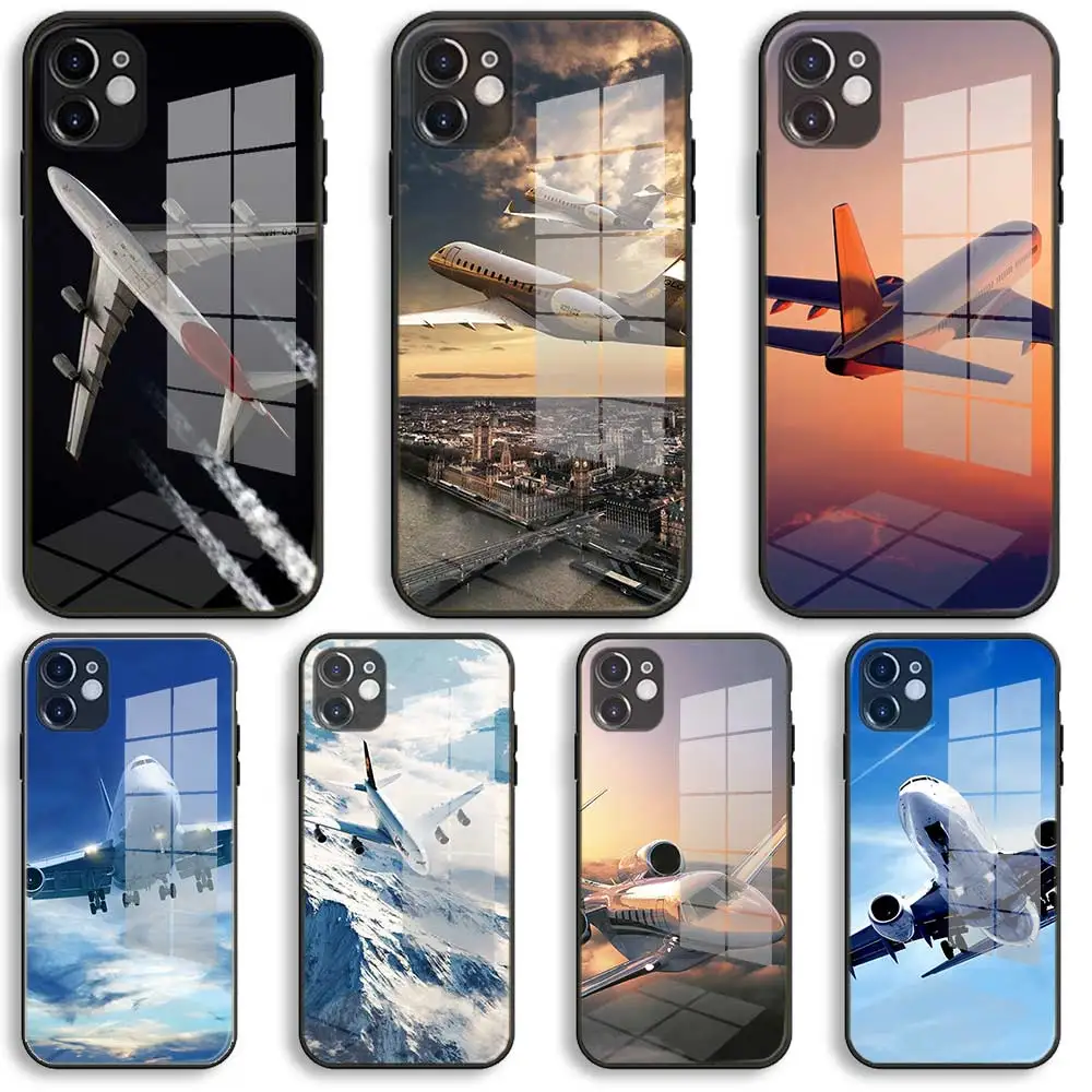Стеклянный чехол для iPhone 12 11 Pro X XS Max XR 8 7 6 Plus SE 2020 S мягкий силиконовый самолета