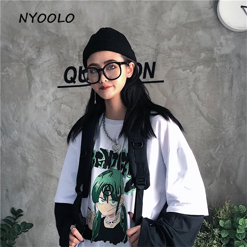 NYOOLO Harajuku стиль зеленый Смешной Персонаж печати лоскутный Топ осень уличная Поддельные 2 шт. футболка с длинными рукавами для женщин и мужчин