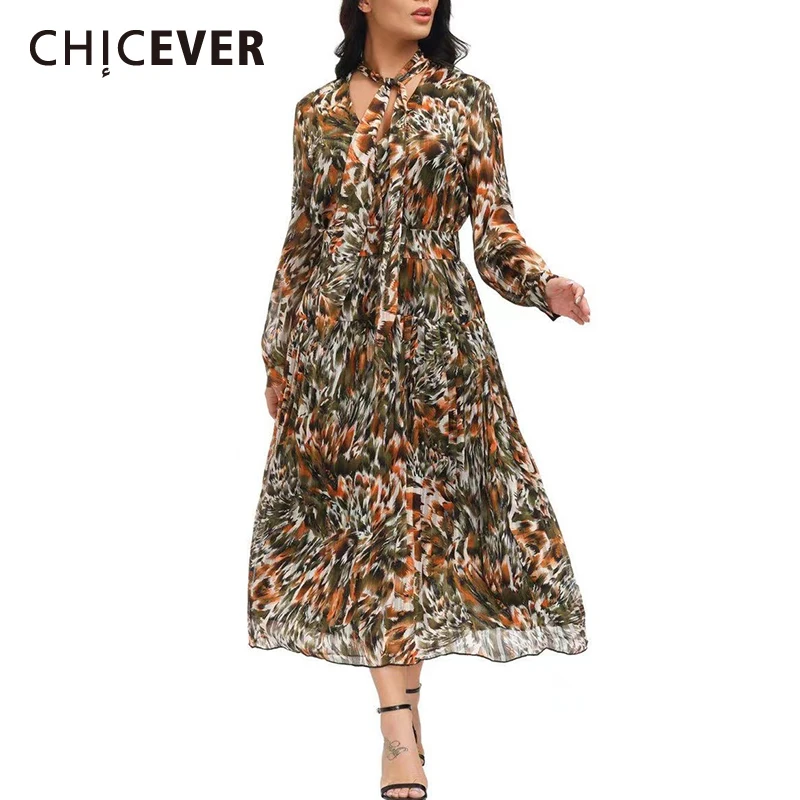 

CHICEVER Print Dress For Women V Neck Long Sleeve Bandage Hit Color Loose Pleated A Line Dresses Female 2021 Spring Clothes Tide