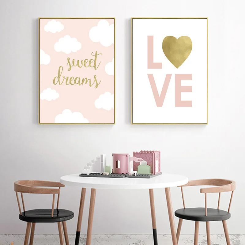 

Pink Yellow Heart-Shape Foil Canvas Poster and Print Painting Nursery Wall Picture Kids Room Decor Girl Room Home Decoration