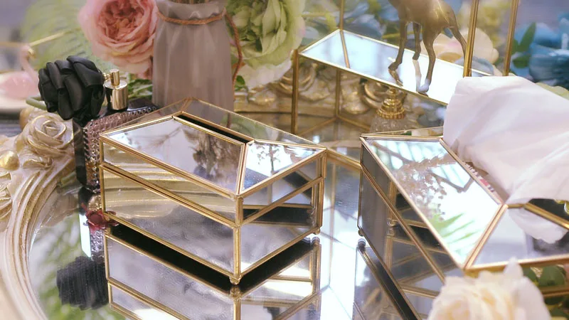 European Gold Glass Mirror Tissue Box High Quality Glass Makeup Tissue Storage Box with Mirror Cover Napkin Holder Box