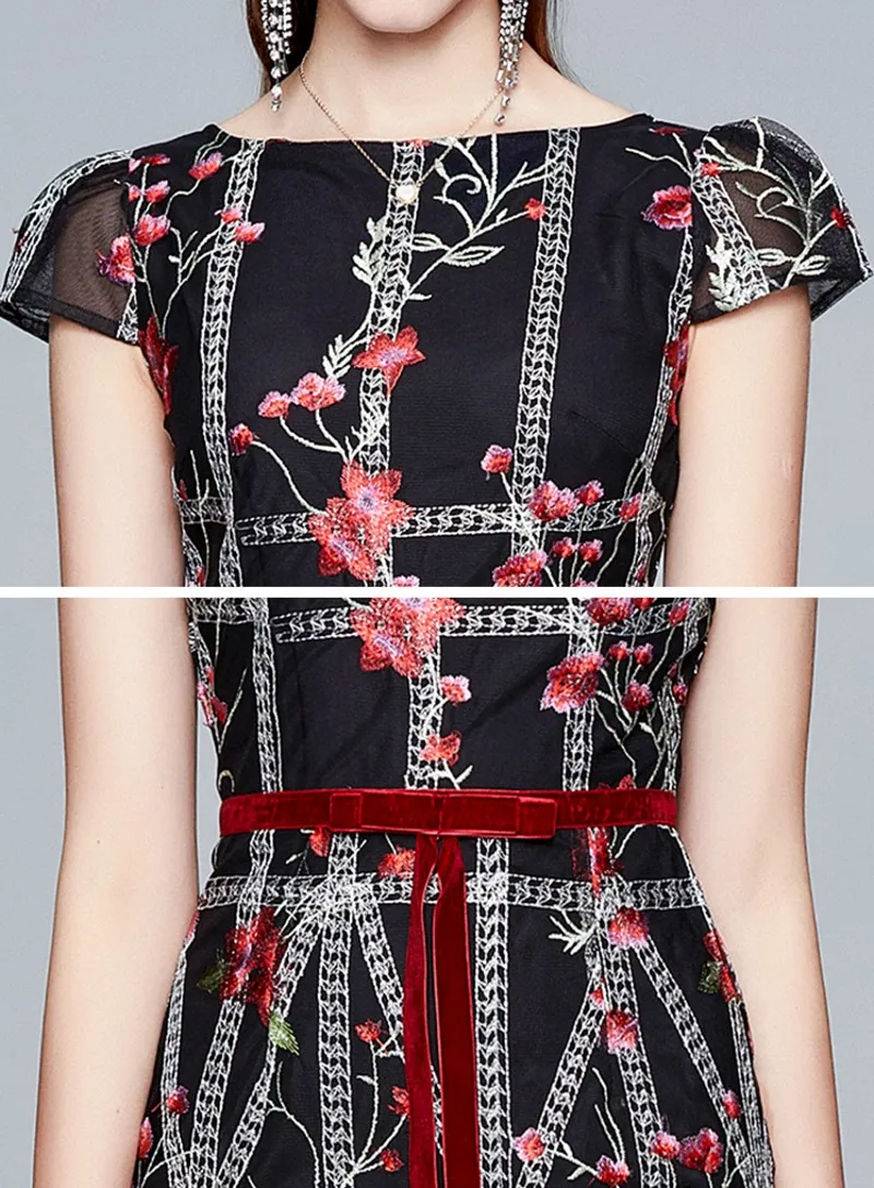 

2020 summer Elegant Mesh embroidery dress women short sleeve vintage slim sexy casual dresses Vestidos