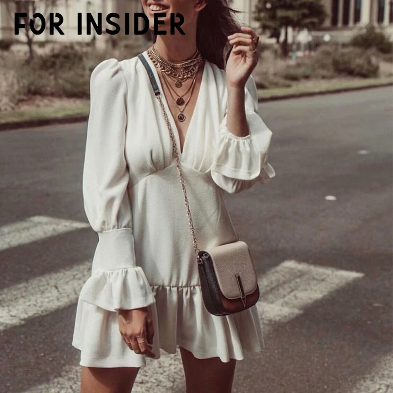 For Insider V neck vintage ruffle white dress Women flare sleeve slim bodycon elegant Party club autumn winter sexy | Женская одежда