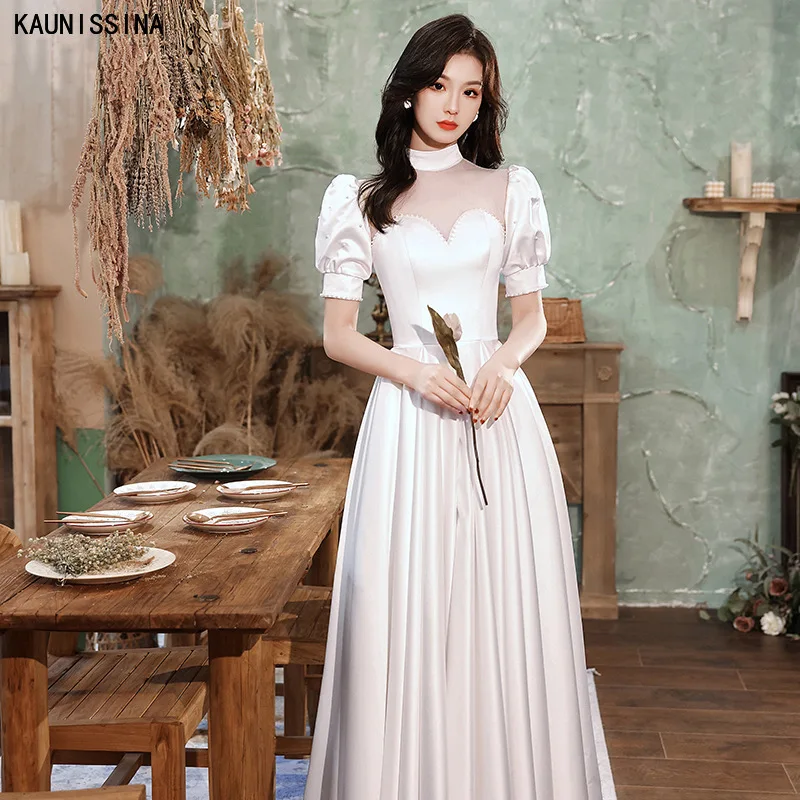 

KAUNISSINA Satin Wedding Dresses High Quality Short Sleeve Pearls Beaded White Weding Gowns for Bride A-Line Simple Bridal Dress