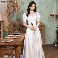 kaunissina satin wedding dresses high quality short sleeve pearls beaded white weding gowns for bride a line simple bridal dress