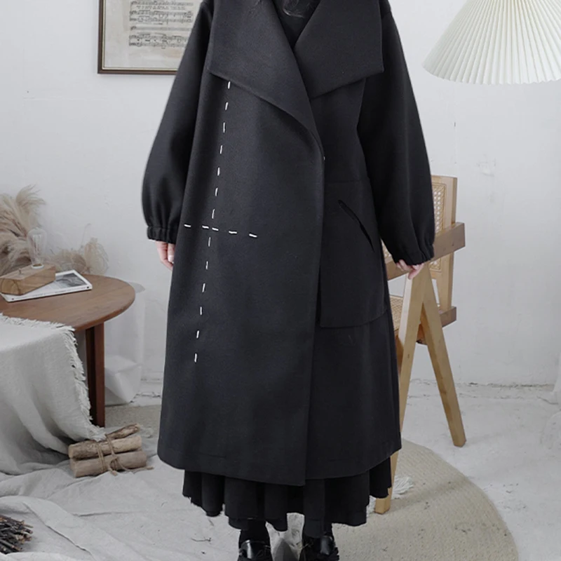 

[EAM] Loose Fit Black Brief Oversized Woolen Coat Parkas New Lapel Long Sleeve Women Fashion Tide Autumn Winter 2021 1DD0323