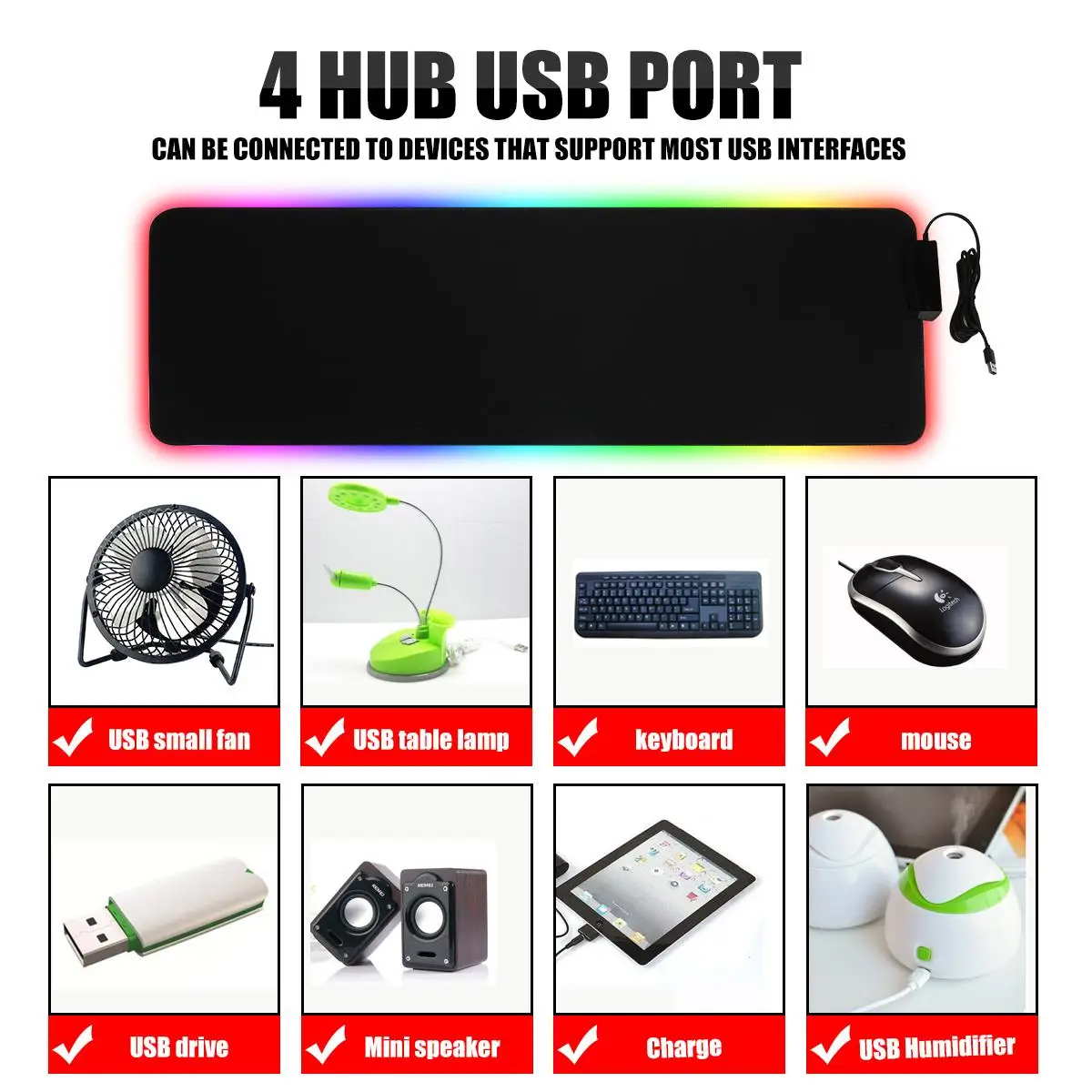 Игровой коврик для мыши RGB с 4 usb-портами, Большой светящийся светодиодный коврик с подсветкой, большой игровой коврик для мыши, Настольный коврик 800X300 мм