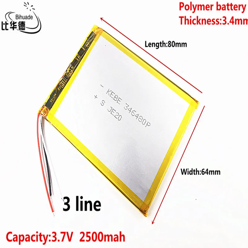 

3 line Liter energy battery Good Qulity 3.7V,2500mAH 346480 Polymer lithium ion / Li-ion battery for tablet pc BANK,GPS,mp3,mp4