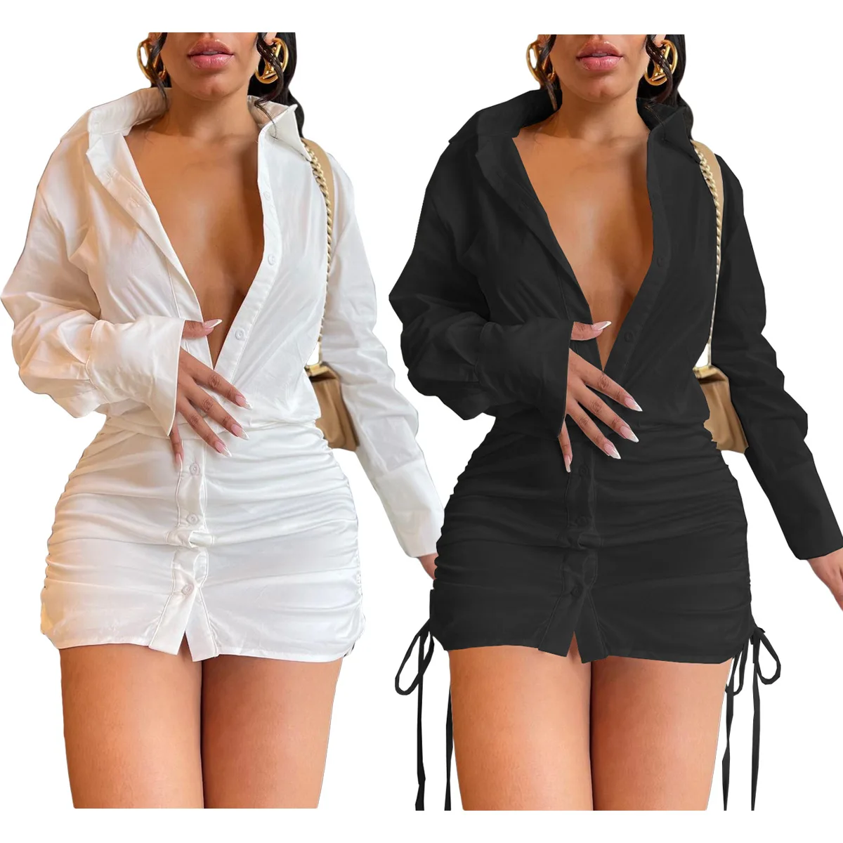 

Porpora Elegant Dresses for Women 2021 Shirring Urban Low Cut Wholesale Item Sexy Vintage Folds Party Dress Long Sleeve Autumn