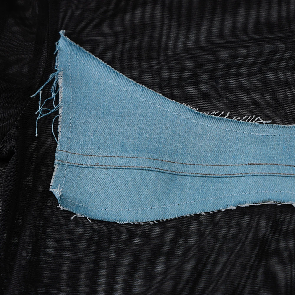 

Transparent Mesh Black Bodysuits Long Sleeve Denim Patchwork Sexy Blouse Body Suit Tops Spring 2021