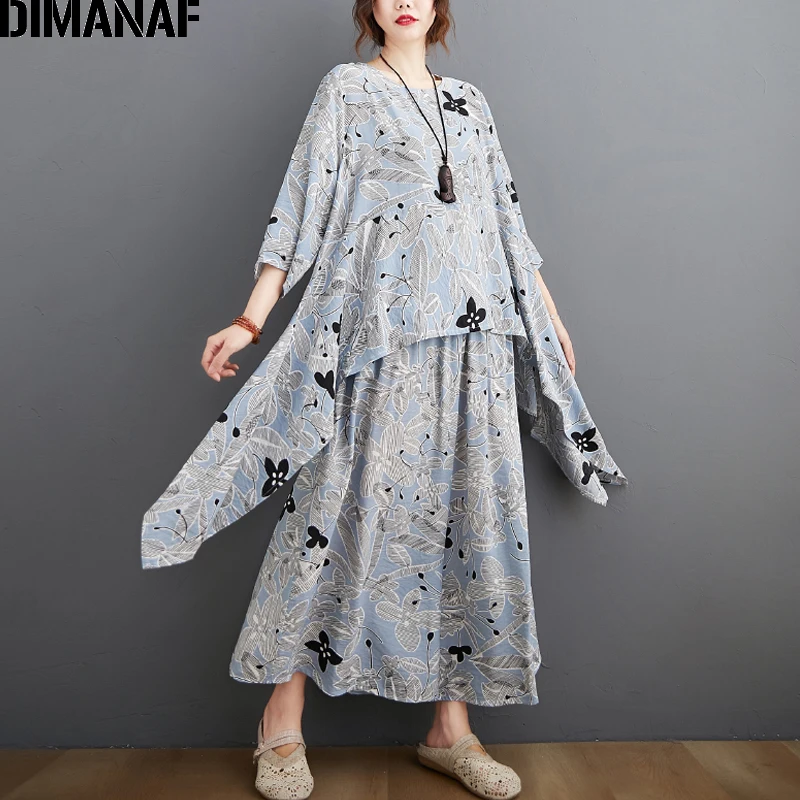 DIMANAF-Conjunto de dos piezas de talla grande para mujer, ropa con estampado de vinilo, Tops, camisa, pantalones sueltos de lino, traje de verano