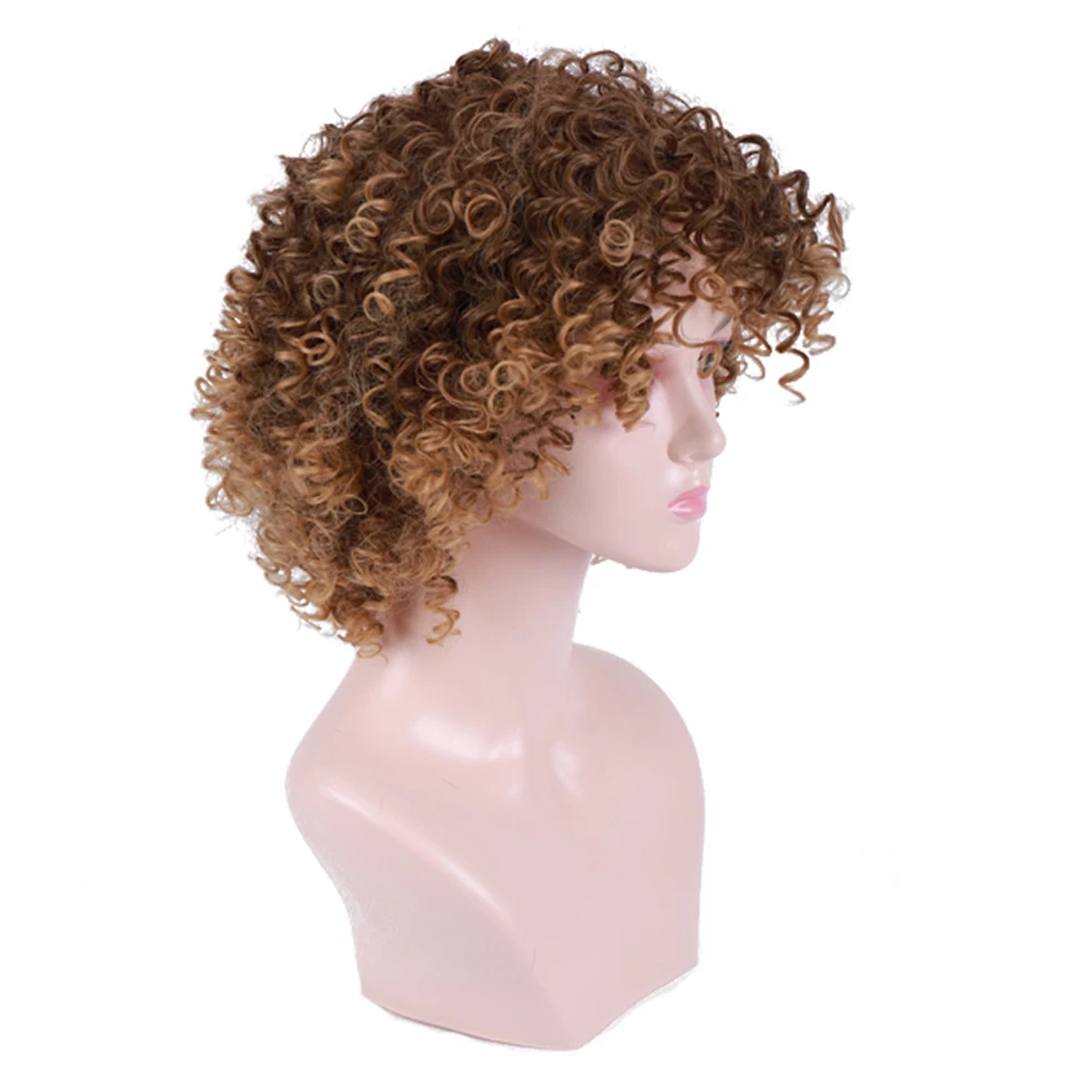 MUMUPI Fashion 12 Inch Synthetic hair wig Brown Hair Afro Kinky Curly Pre Plucked Wig with Bangs for Black Women
