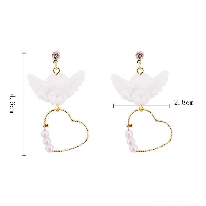 

Cute Cupid Angel Pendant Drop Earring, Heart Pearl Gold Metal Punk Chain Jewelry For Cool Women Friendship Girl Friendship Gifts