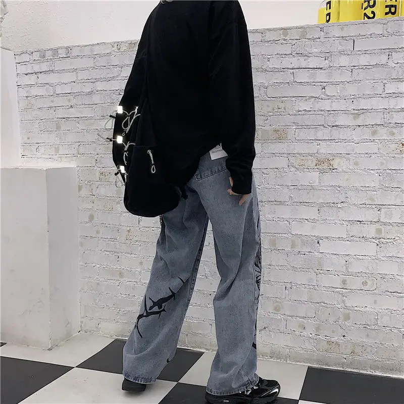 

Women's jeans hip-hop print retro straight jeans loose simple casual wide-leg pants new Harajuku style street trousers