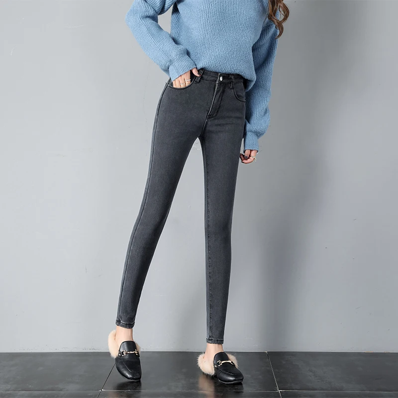 2021 New Winter Jeans Ladies Korea High Waist Plus Velvet Skinny Cowgirl Street Clothing Thick Warm Feet Pants | Женская одежда