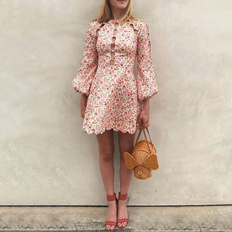 AIMENUNU Vintage Print Dredd For O Neck Lantern Sleeve High Waist Hollow Out Slim Mini Dresses Female 2019 Fashion Summer | Женские