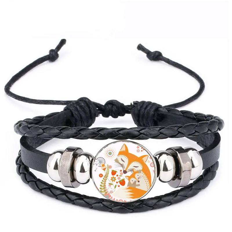 Qiyufang Vintage Bracelets black Color Leather Jewelry for Women Accessories Fox Picture Glass Cabochon Stud Animal bracelets | Украшения и