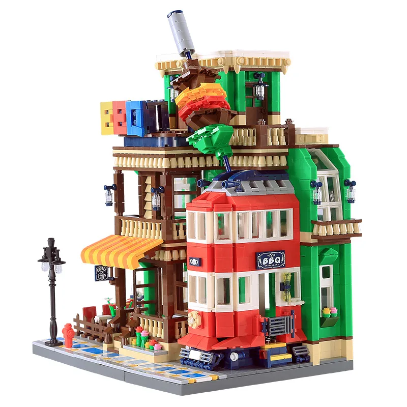 

City Street View BBQ Restaurant Model Building Blocks Classic Architecture Moc Bricks Educational Toys for Children Gift