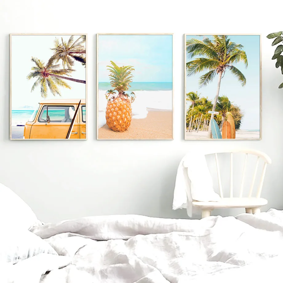 Оранжевый пляж автомобиль кокосовое дерево ананас ракушки настенное Искусство