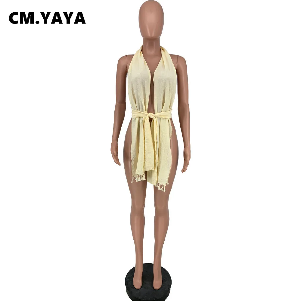 Женские топы без рукавов CM.YAYA однотонные Асимметричные бандажные с поясом и