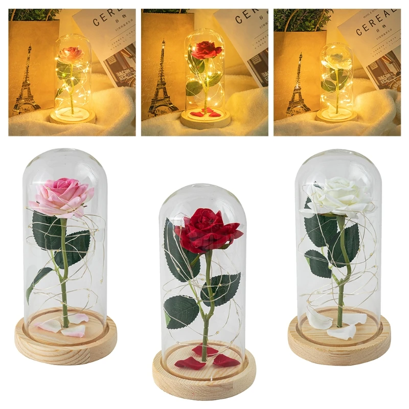 

Enchanted Eternal Rose Flower Dome Glass LED Night Light Valentine's Day Giftrs Q1JB