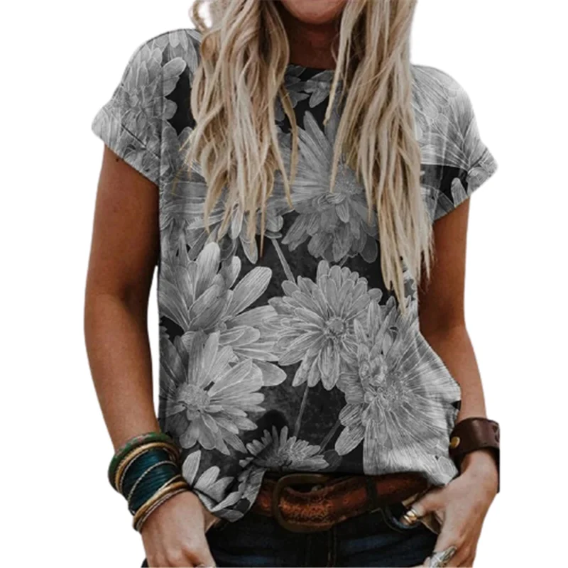 

Women Summer Short Sleeve T Shirts Female Fashion Floral Print Tees Street Wear O-Neck Top Loose Casual T Shirt Plus Size 5XL