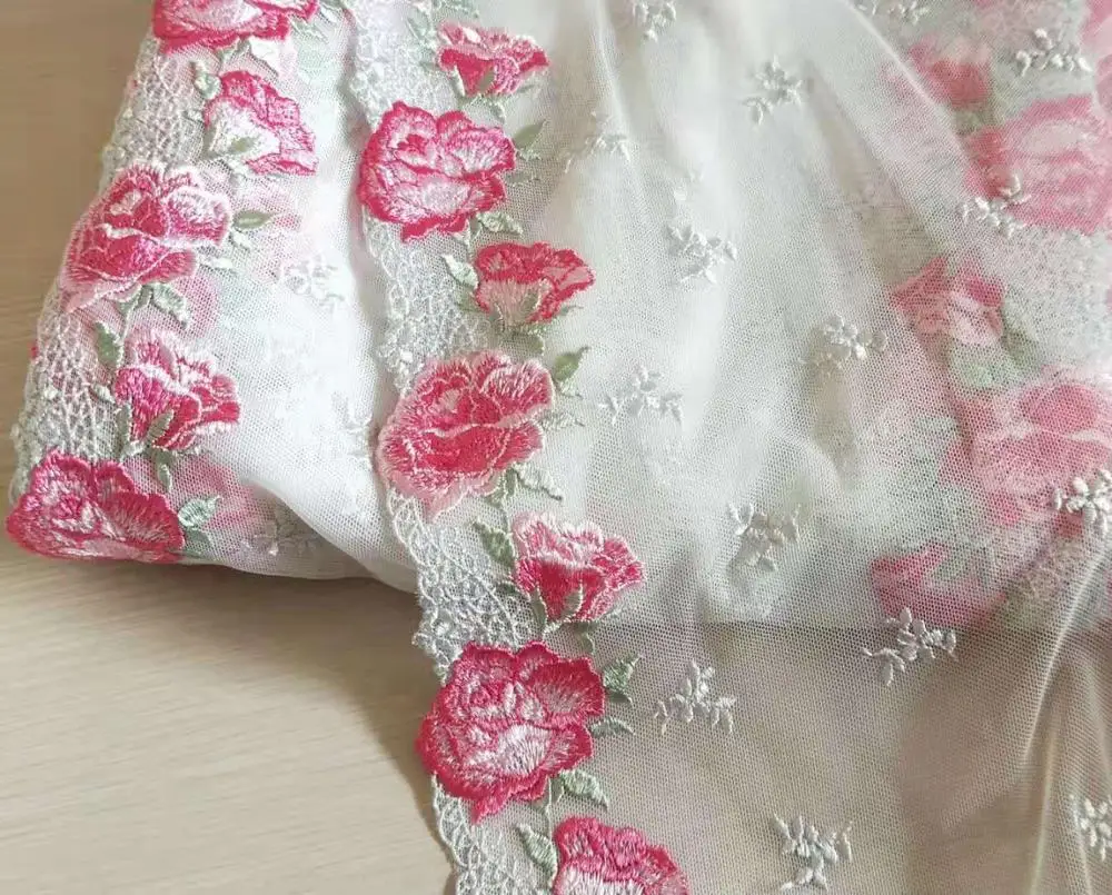 Великолепная Тюлевая кружевная отделка розовые розы Цветочная вышивка кружево 11
