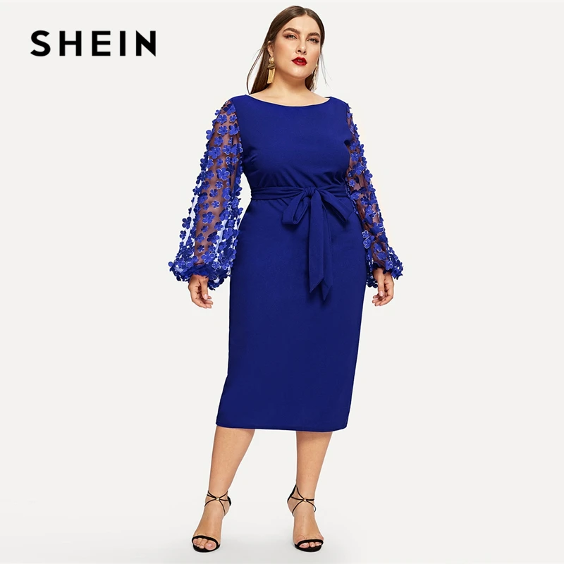 SHEIN Размера Плюс Платье Карандаш С Поясом Сетчатым Рукавом И 3D Вставкой Женские Романтические Элегантные Платья с Высокой Талией