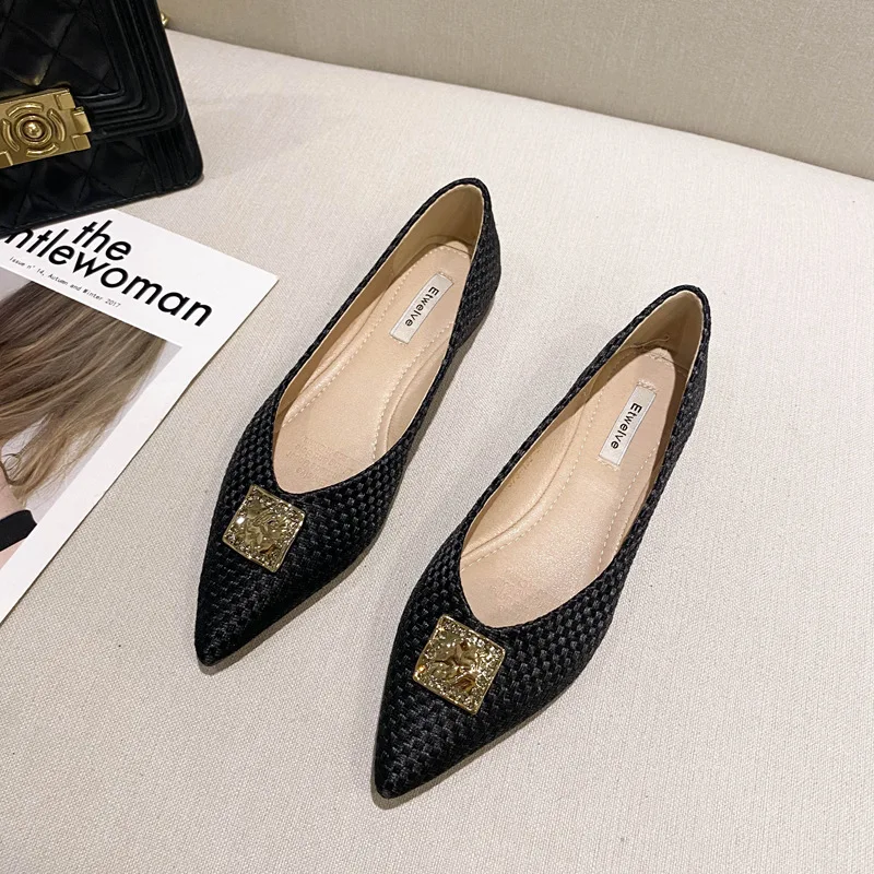 

Knitting Flats Shallow Mouth Shoes Woman 2021 Female Footwear Modis Pointed Toe Buckle Casual Sneaker Soft New Dress Cute Summer