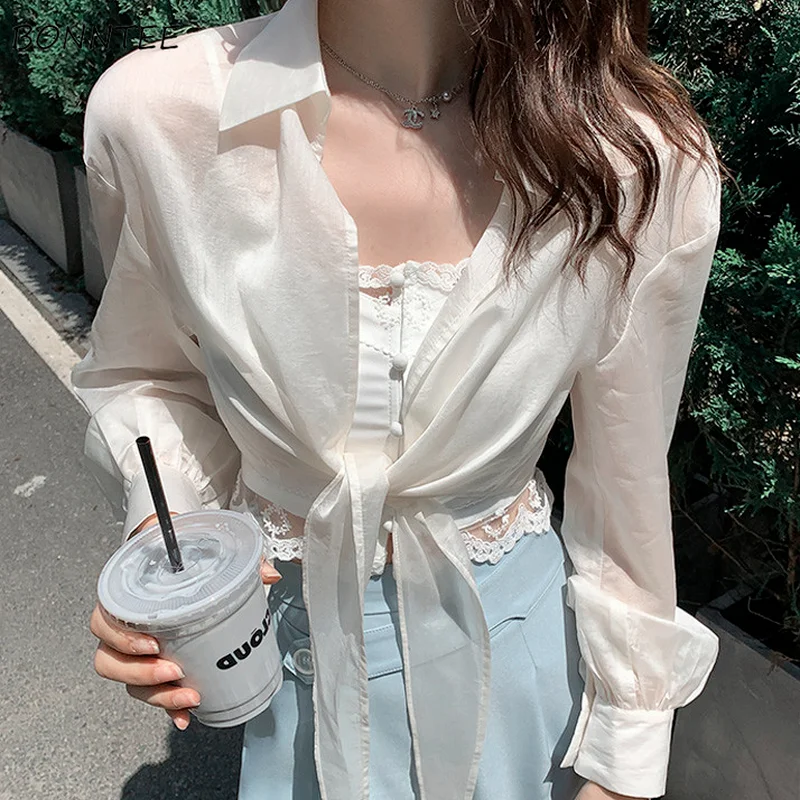 

Jackets Women 3 Colors Summer Cropped Outwear Chiffon Lightweight Casual 90's All-match Lace-up Sun-proof Simple Korean Style