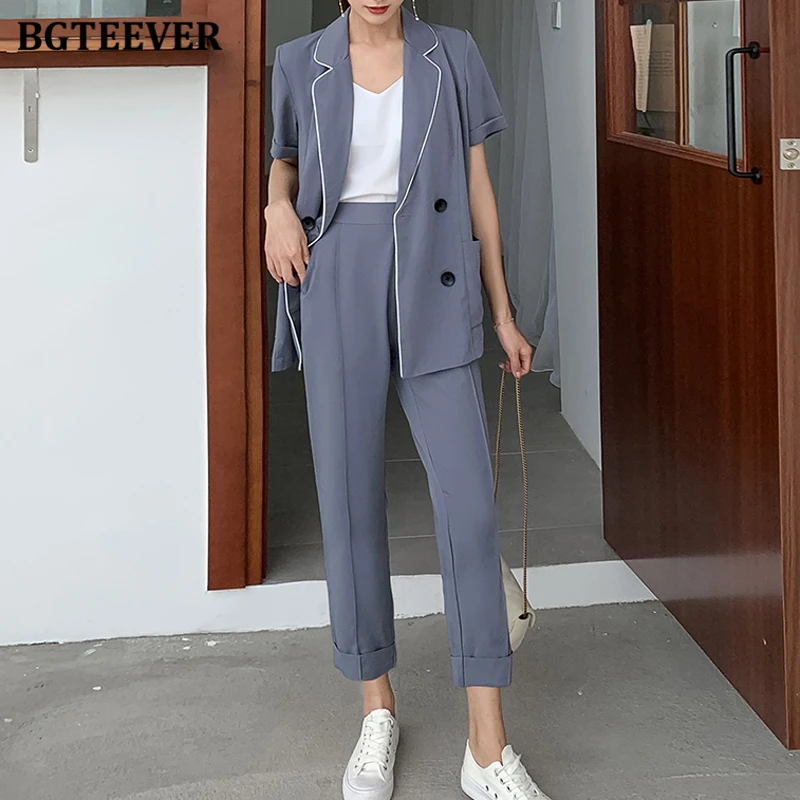 BGTEEVER Повседневный двубортный женский пиджак и прямые брюки с высокой талией