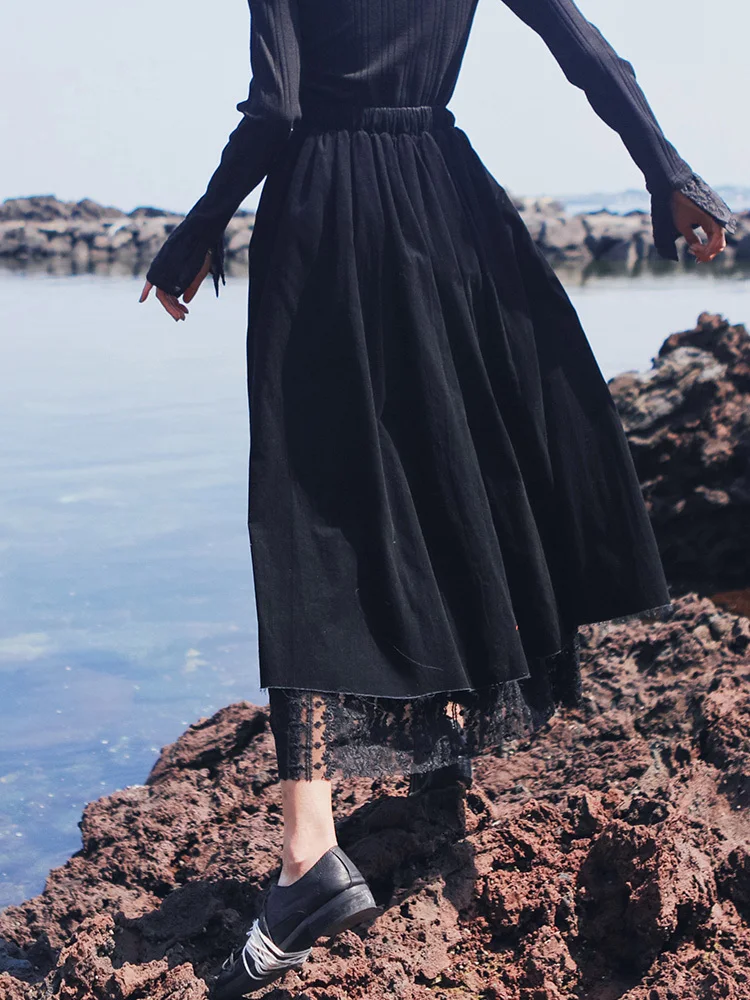 [LANMREM] 2020 Весенняя Новинка модная черная юбка-зонтик с кружевной строчкой и