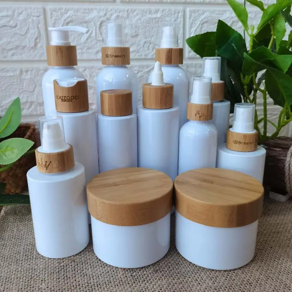 Bamboo Cream Jar Bulk 10g 30g 50g 100g150g White PP Plastic Jars With Bamboo Cap For Body Cream Hand Cream Eye Cream Containers