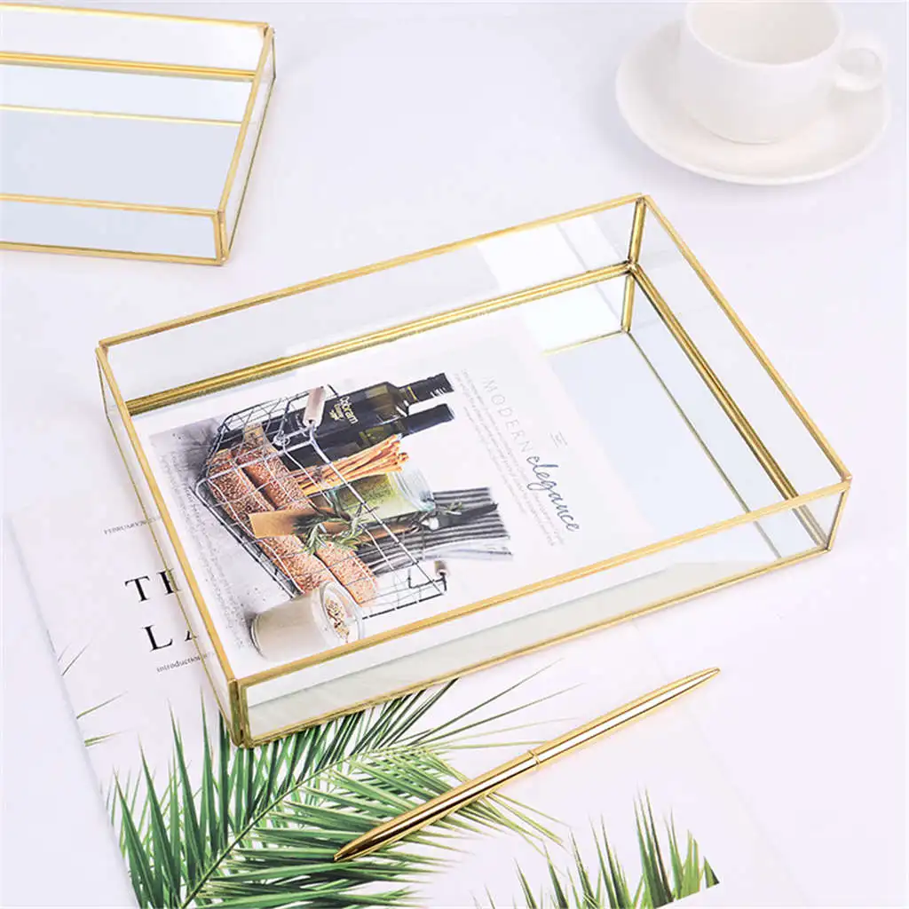

Nordic Retro Storage Tray Gold Rectangle Glass Makeup Organizer Tray Dessert Plate Jewelry Display Home Kitchen Decor