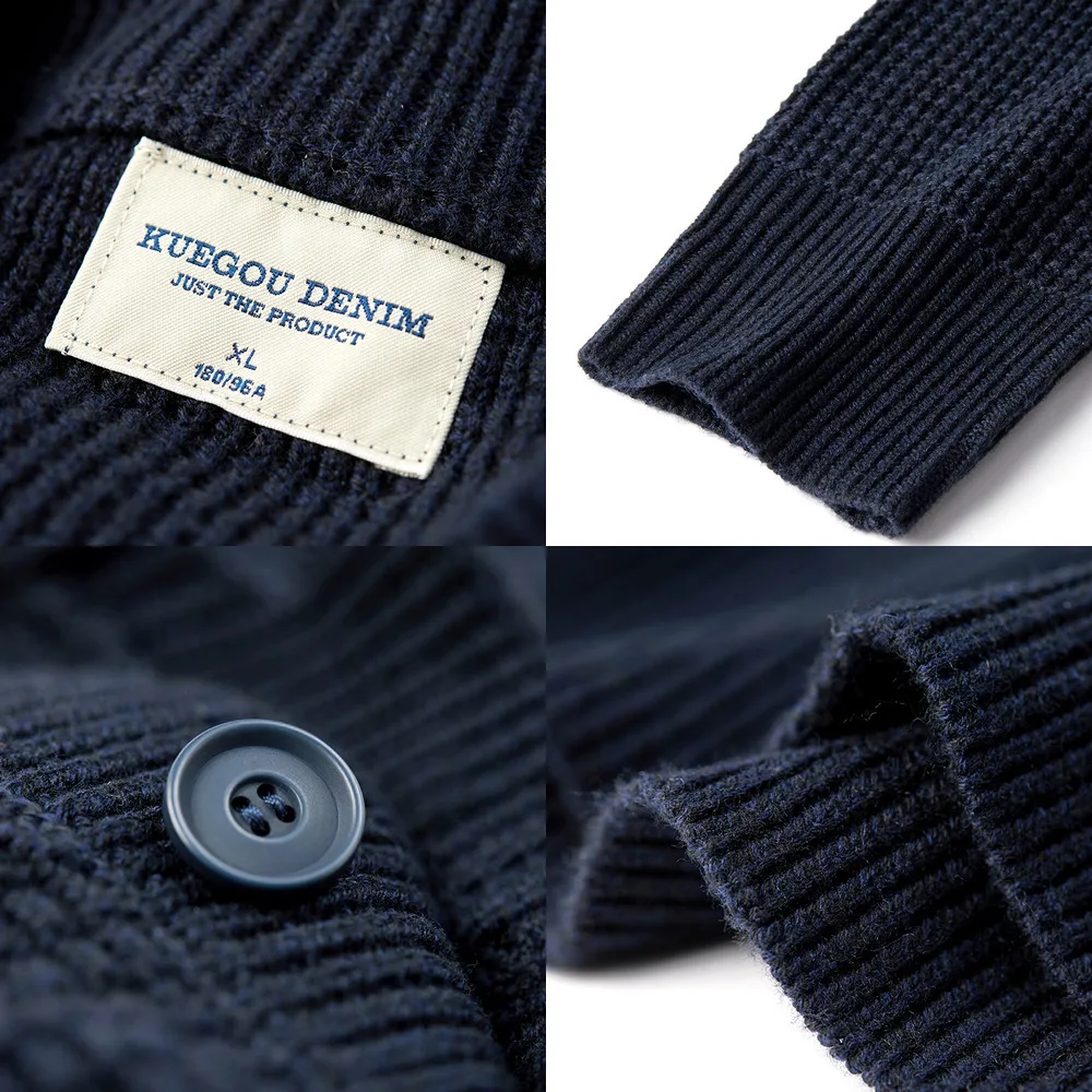 

KUEGOU 2021 Autumn Wool Solid Blue Button Sweater Men Pullover Casual Jumper For Male Brand Knitted Korean Style Clothes 19016