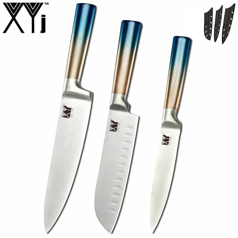 D. 3 PCS Set XYj шеф-повара из нержавеющей стали 8 комплект ножей 8 ''Держатель ножей острое лезвие градиентная цветная ручка Santoku утилита для нарезки хлеба - Цвет: D. 3 PCS Set