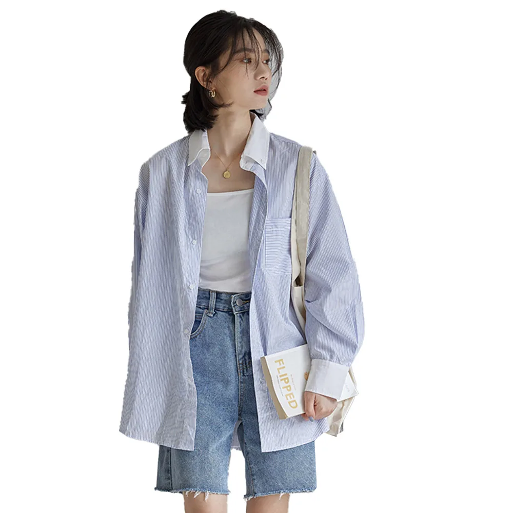 

Japan Style Blouse 2021 Korean Fashion Spring Summer Loose Casual Designer Splicing Stripe Long Sleeve Single-breasted Lapel