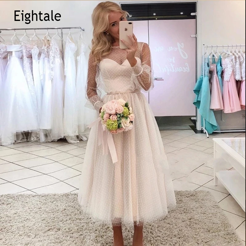 

Eightale Fairy Prom Dresses O-Neck A-Line Long Sleeve Tea Length Girl Party Gown White Ivory Celebrity Graduation Dress