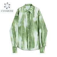 women tie dye print shirt 2021 autumn mustard green harajuku oversize long sleeve streetwear office ladies casual blouse tops