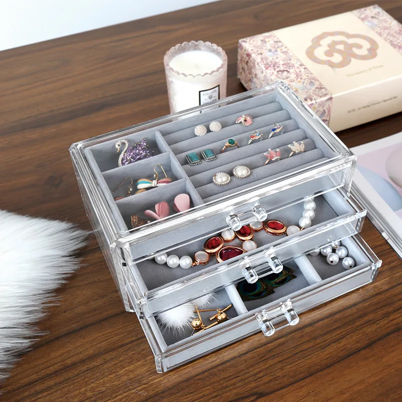 

Acrylic 3-Layers Jewelry Storage Box Drawer Ring Earrings Display Cufflinks Necklace Organizer Dustproof Storage Jewelry Case