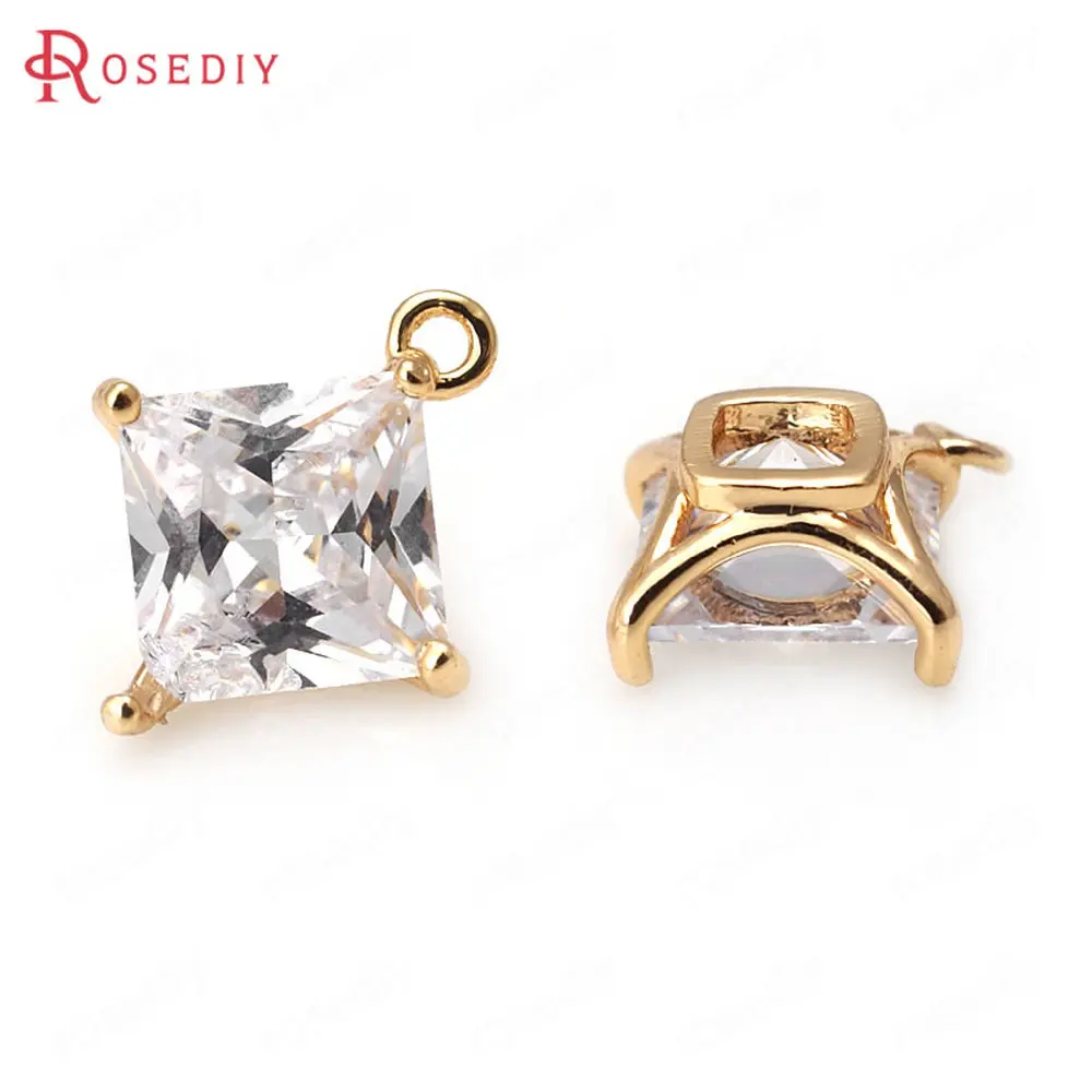 

(D043)6 pieces 5mm 6mm 7mm High Quality Champagne Gold Color Brass with Zircon Square Connect Charms Pendants Jewelry Findings