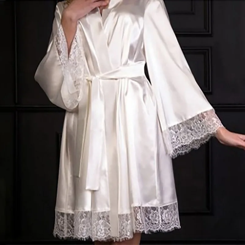 

Women Sexy Lace Satin Sleepwear Ladies Night Dress Lingerie Nighties V-neck Nightdress Lace Up Loose Nightgown Robe 2021