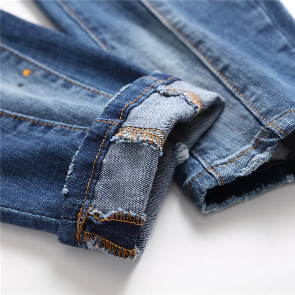 

New Autumn Ragged-Paint Men's Slim Fit Cloth Elastic Jeans Blue Tight Beggar Pants Fashion Ripped Patchwork Denim Trousers